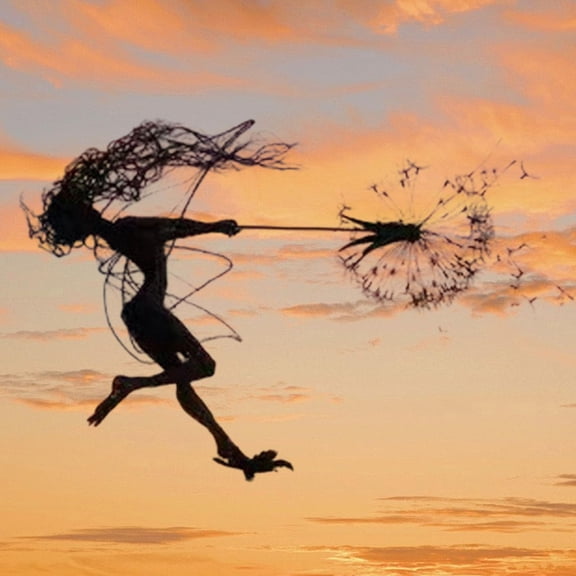 Stainless Steel Dancing Flower Fairy Sculpture with Dandelion, Rustproof Outdoor Yard Patio Decor