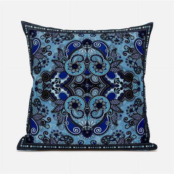 Amrita Sen Designs 20 x 20 in. Floral Paisley Broadcloth Indoor & Outdoor Zippered Pillow - Blue, Black & White