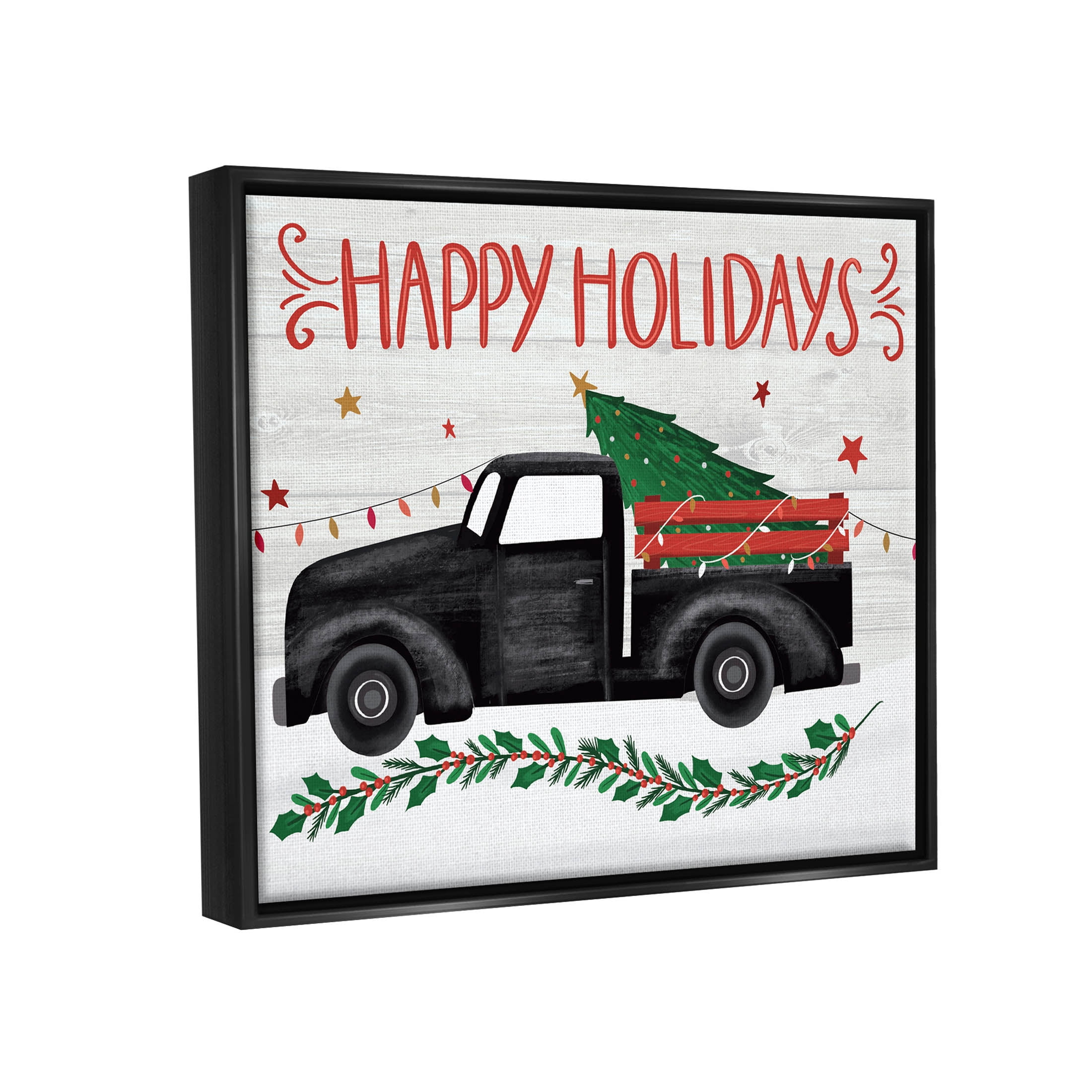 Happy Holidays Christmas Tree Truck Holiday Graphic Art Jet Black Framed Art Print Wall Art