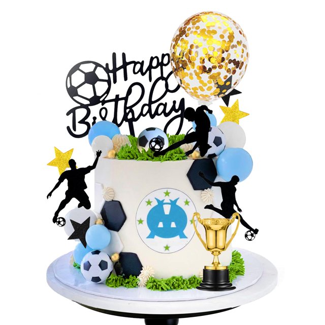 Drwate Adornos Para Tartas De Fútbol, ??Trofeo De Balón De Fútbol, ??Decoraciones Para Pasteles Para Fiestas De Cumpleaños De Fútbol, ??Suministros Para Fiestas Deportivas De Fútbol (Azul)