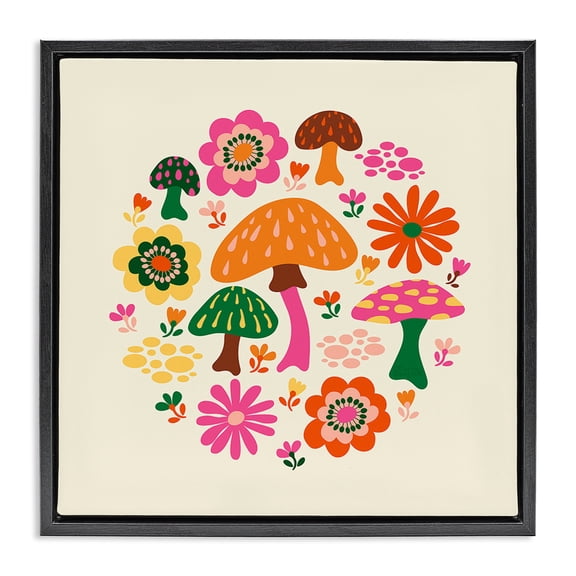 Stupell Industries Eclectic Groovy Mushrooms & Daisies Black Floating Frame Canvas Art, 18 x 18, by Carrie Cantwell