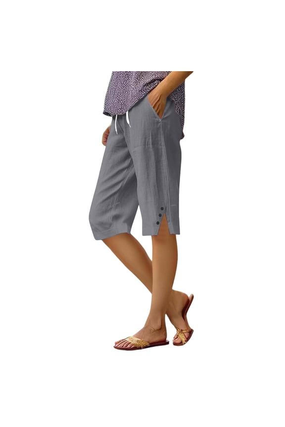 Capri Pants for Women Petite Pull On Knee Length Cotton Linen Capris Summer Straight Leg Loose Beach Shorts with Pockets Gray 4XL