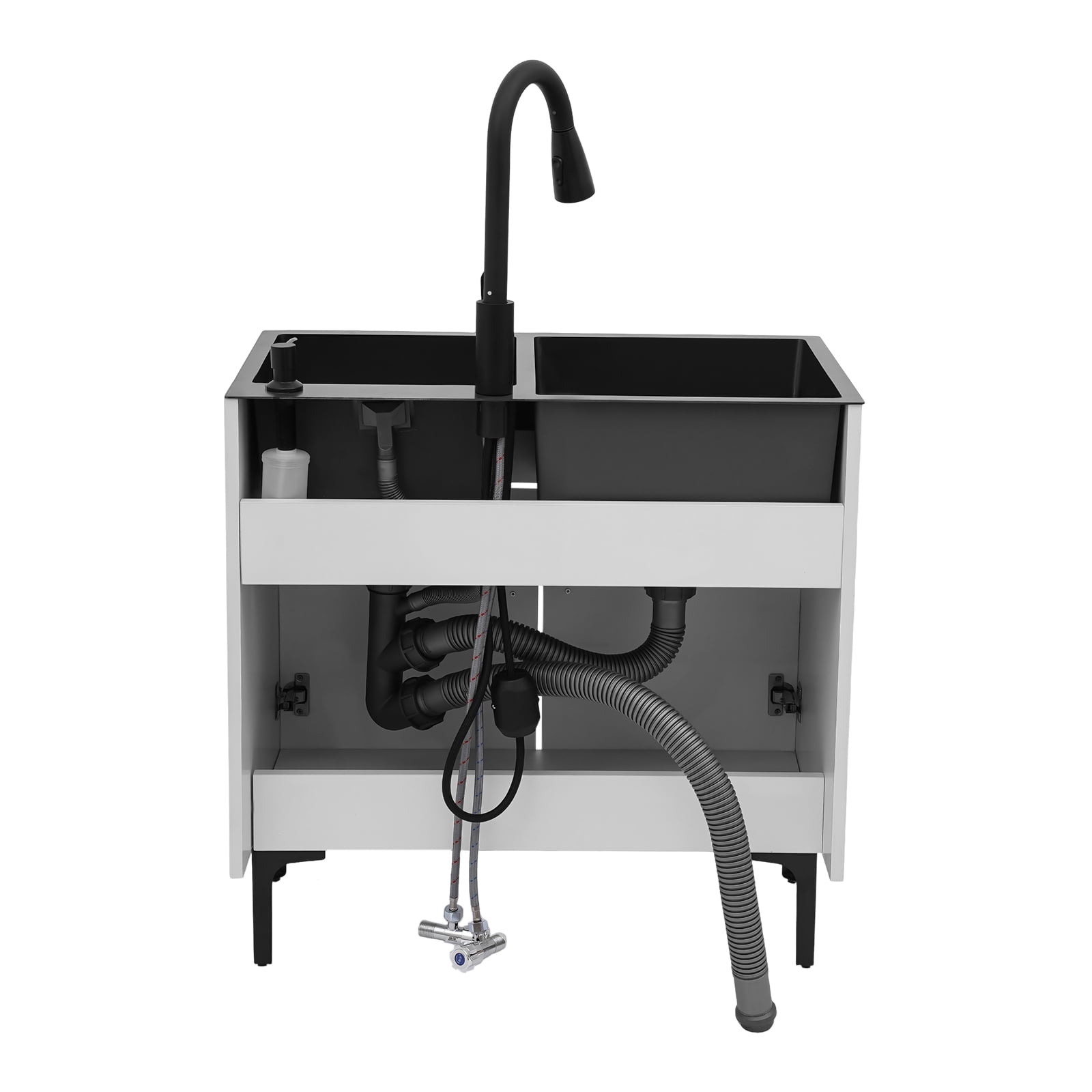 White Freestanding Double Kitchen Sink with Cabinet, Pull-Out Faucet, Soap Dispenser, Drainage Basket, 201 Stainless Steel & Wood, Black/White, 29.5"x16.1"x30.7", Easy Assembly, Complete Set