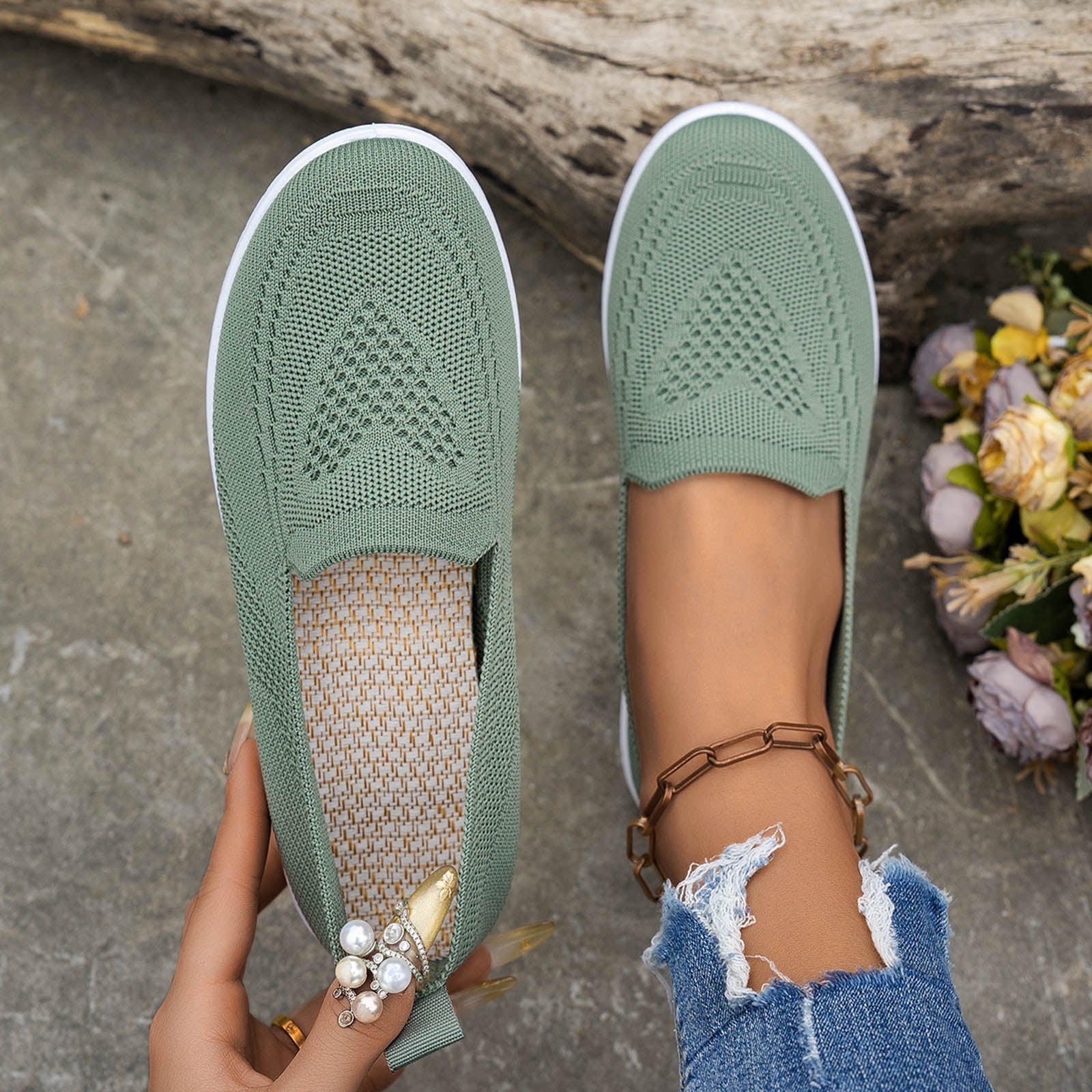 Loafers for Women Slip on Solid Mesh Walking Shoes Comfy Soft Sole Lightweight Driving Nursing Shoes Casual Breathable Flat Shoes Green Size 8