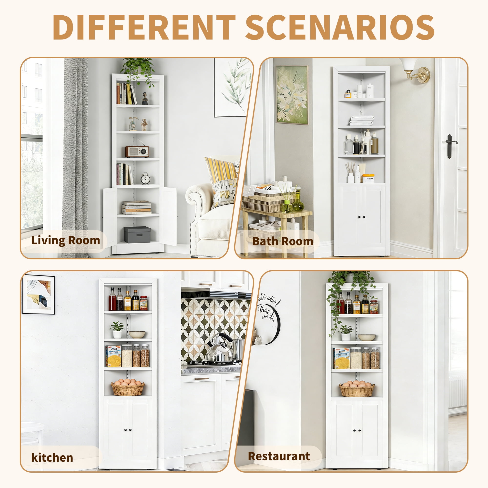 Leumius 71" Tall Corner Storage Cabinet with 2 Doors,Freestanding 5-Tier Metal Cabinet with Adjustable Shelves for Kitchen Living Room Bathroom,White