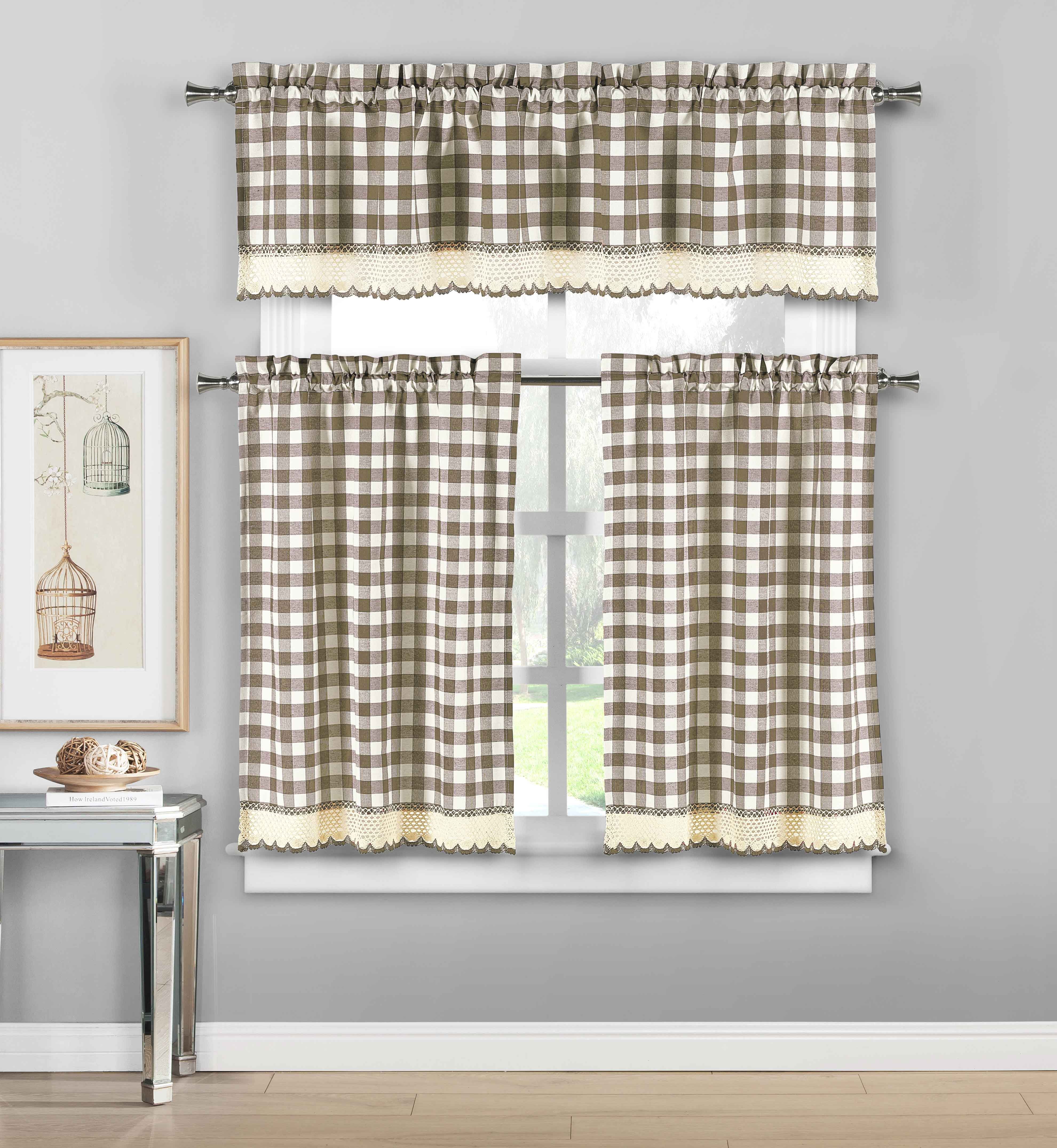3 Piece Plaid, Checkered, Gingham Kitchen Curtain Set 35 Cotton, 1