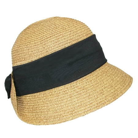 Brimmed Cloche - Dynamic Asia Women's Straw Cloche with Tie-Back Sash