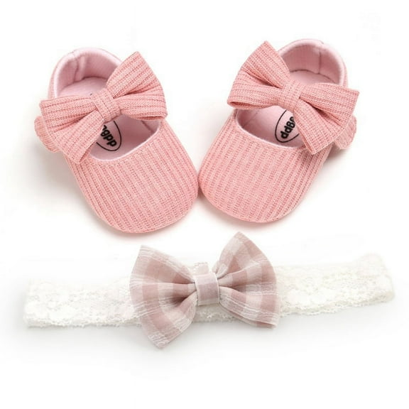 Baby Girl Crib Shoes Anti-Slip Soft Sole Bow Sneakers Infant Headband Prewalker