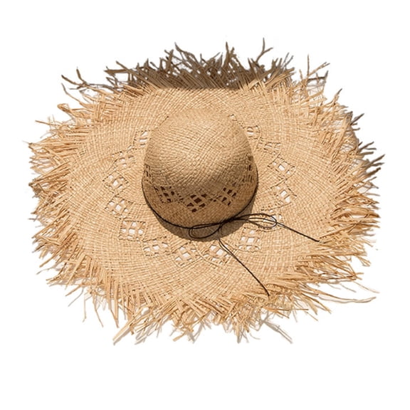 Women Raffia Straw for Sun Hat Big Brim Floppy Fringe Hollow Sunscreen Bucket