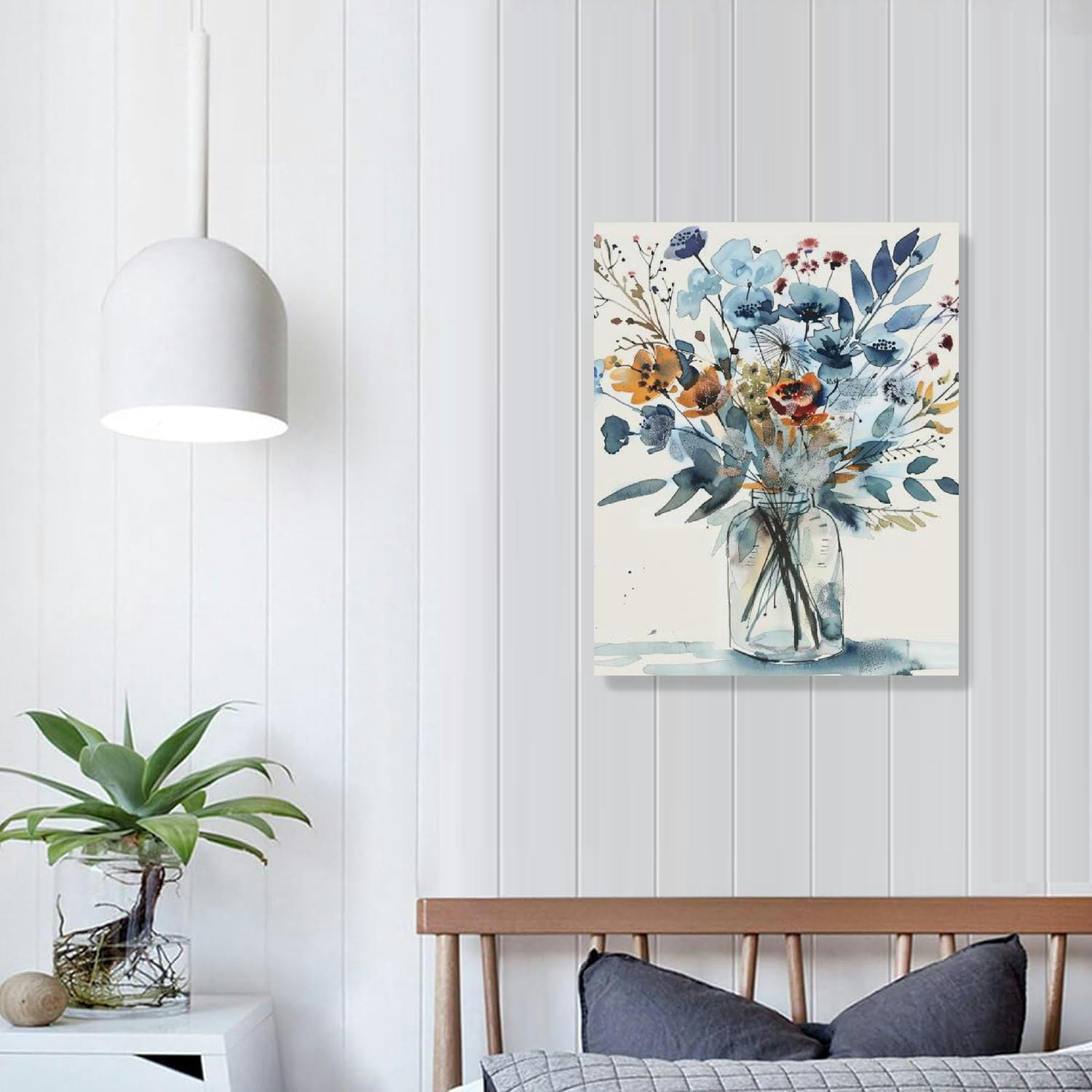 ONETECH Navy Flowers Canvas Wall Art Watercolor Style Abstract Floral Pictures for Bathroom Wall Decor Elegant Botanical Canvas Painting Modern Indigo Blue Simple Life Canvas Print Artwork Decoration