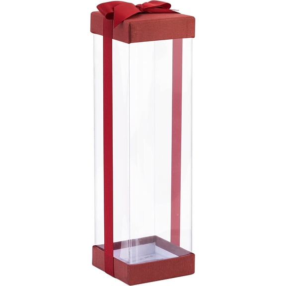 Hammont Elegant Clear Plastic Wine Gift Box with Maroon Bow and Ribbon for Gifting 3.5"x3.5"x12.75" 6 Pack