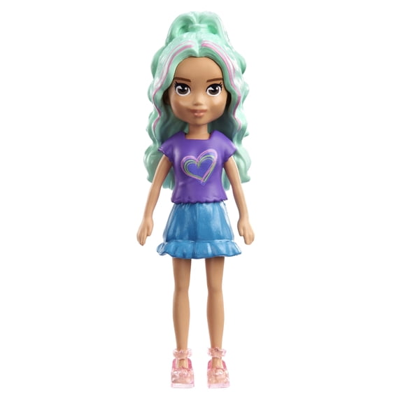 Polly Pocket Collectible Doll ~ Polly's Friend with Blue Hair, Wearing Blue Skirt, Purple Heart Shirt and Pink Sandals ~ 3 1/2" Tall ~ HKV81