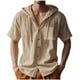 thumbnail image 2 of Blusa de manga corta con capucha para hombre, informal, de color liso, con botones y bolsillo, de poliéster, 2 of 9