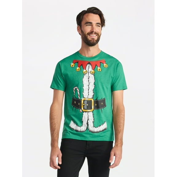 Christmas Men's and Big Men's Elf Suit Cosplay Little Helper Graphic Tee from Holiday Time, Sizes XS-3XL