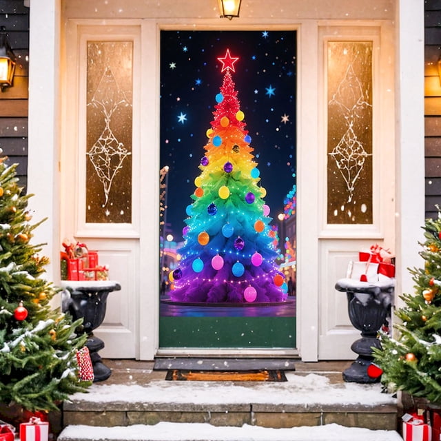 Décorations de Rideau de Porte de Noël, Couverture de Fond de Scène des Fêtes pour la Maison, Fête, Vitrine, Tissu Polyester Imperméable Réutilisable avec Boucle de Suspension en Métal pour Décoration Saisonnière Intérieure Extérieure