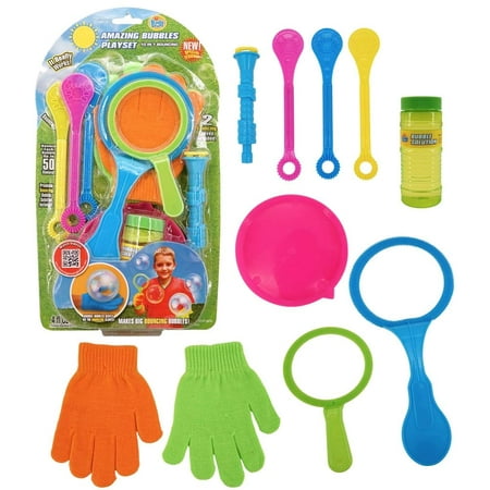 Jumbo Bubble Set Kids Stuff Bouncing Bubbles Set (10 Pc) - Wands (Small, Medium, Jumbo), Bouncing Gloves, Blower Tool, Tray & Premium Bubble Solution 4 oz ()