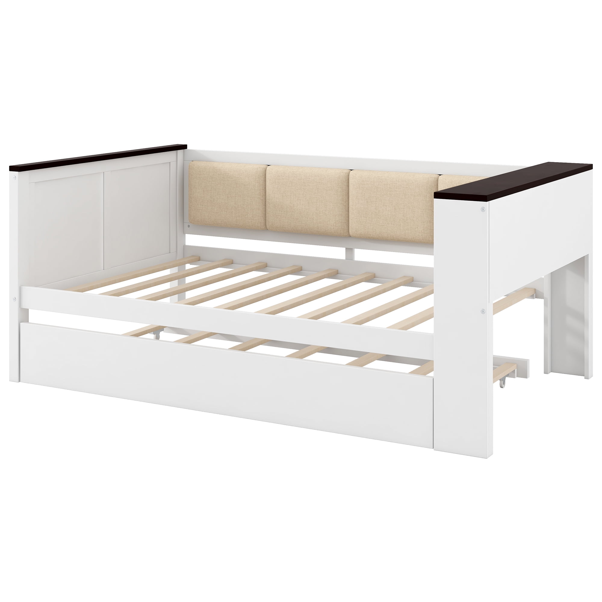 Alvantor Twin Size Wood Daybed with Trundle, Upholstered Bed Frame with Storage Shelves and USB, White