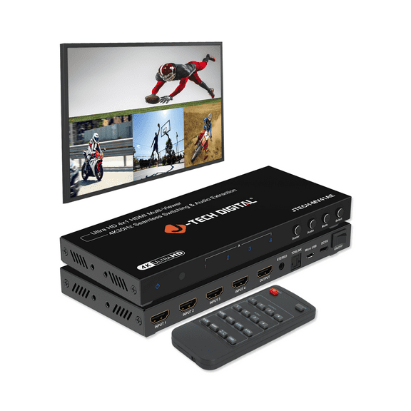 J-Tech Digital 4K HDMI Multiviewer Switch 4 In 1 Out, 4x1 4K 30Hz HDMI Quad Multiviewer Seamless Switcher with PiP, 6 Viewing Modes, Audio Extraction via Optical 3.5mm (JTECH-MV41AE)