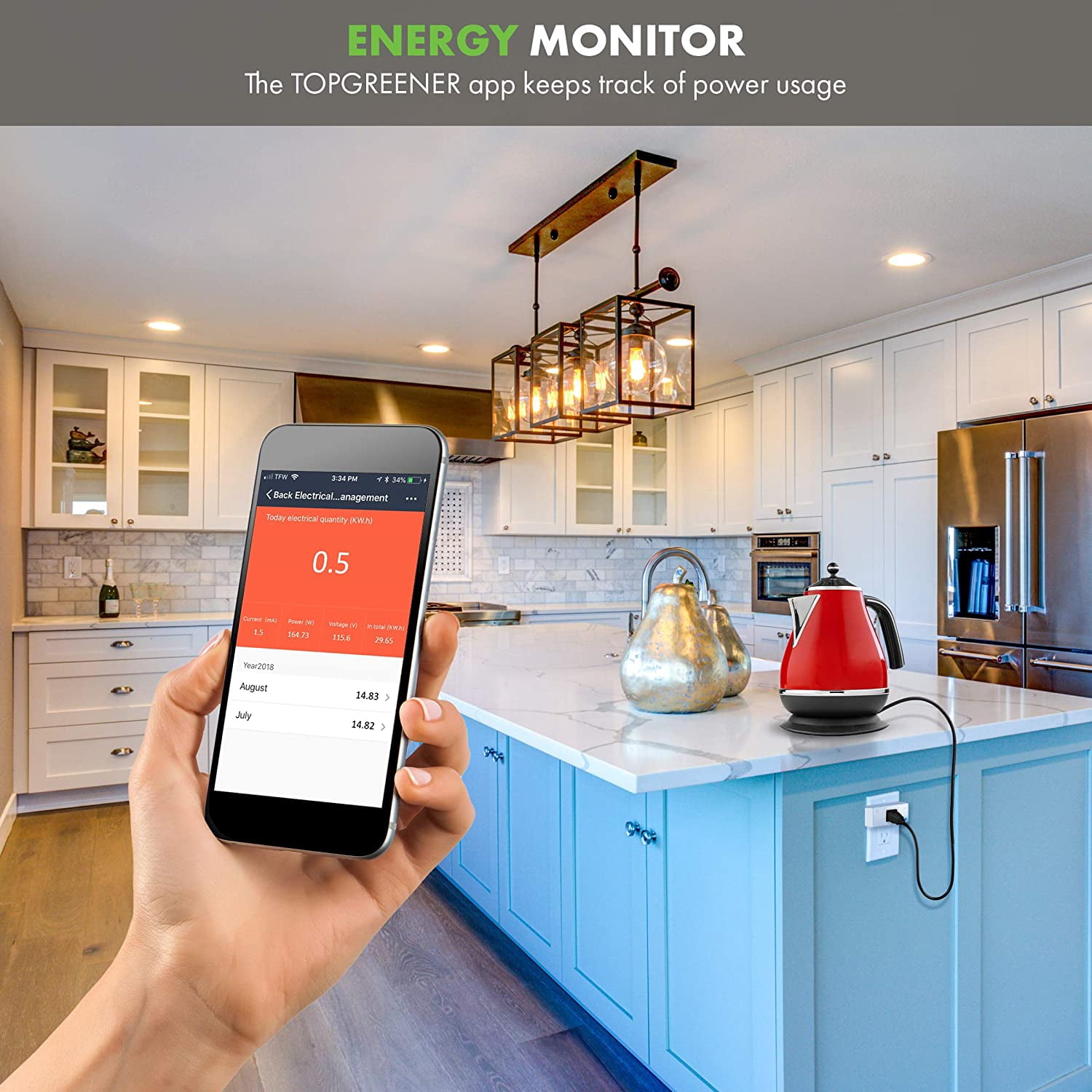 TOPGREENER Smart Mini Wi-Fi Plug with Energy Monitoring, Mini Smart Outlet, Control Lights and Appliances from Anywhere, No Hub Required, Works with Alexa and Google Assistant, TGWF115PQM, 4-Pack