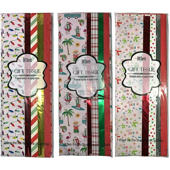 300 Sheets of Assorted Christmas Themed Gift Tissue Paper - Metallics, Holiday Prints, Red, & White by ALEF