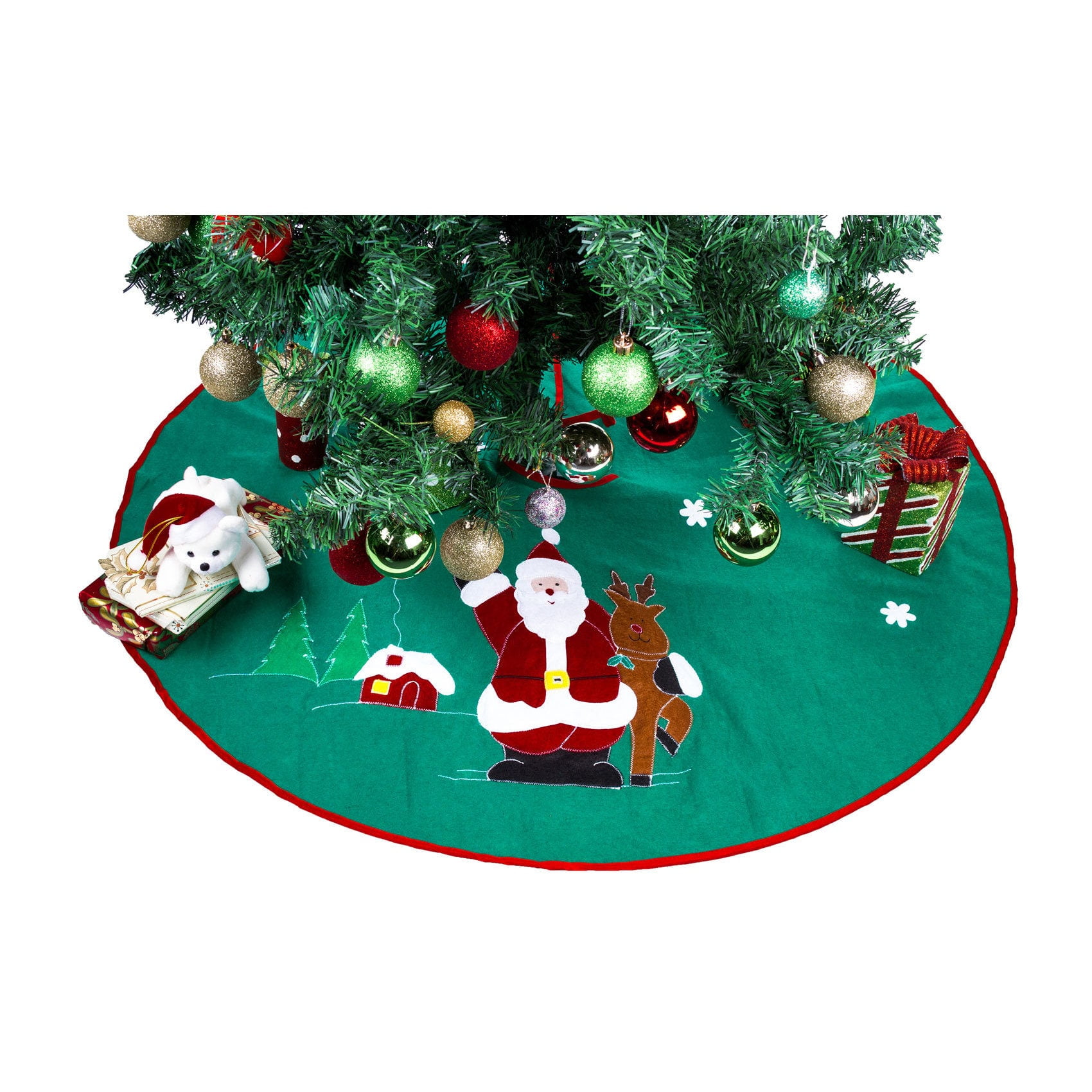 HUGS IDEA Home Decorations Merry Christmas Tree Skirt Ornaments with Reindeer Snowflakes Pattern for Xmas Party Holidays HUGS IDEA Home Decorations Merry Christmas Tree Skirt Ornaments with Reindeer Snowflakes Pattern for Xmas Party Holidays