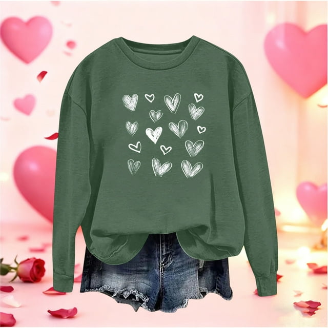 Mceream Valentines Chandails en Molleton pour Femmes Mode Imprimé Cœur Graphique Manches Longues Chemises Surdimensionnées Col Rond Chandail Tops Grande Taille Vert Armée TTG