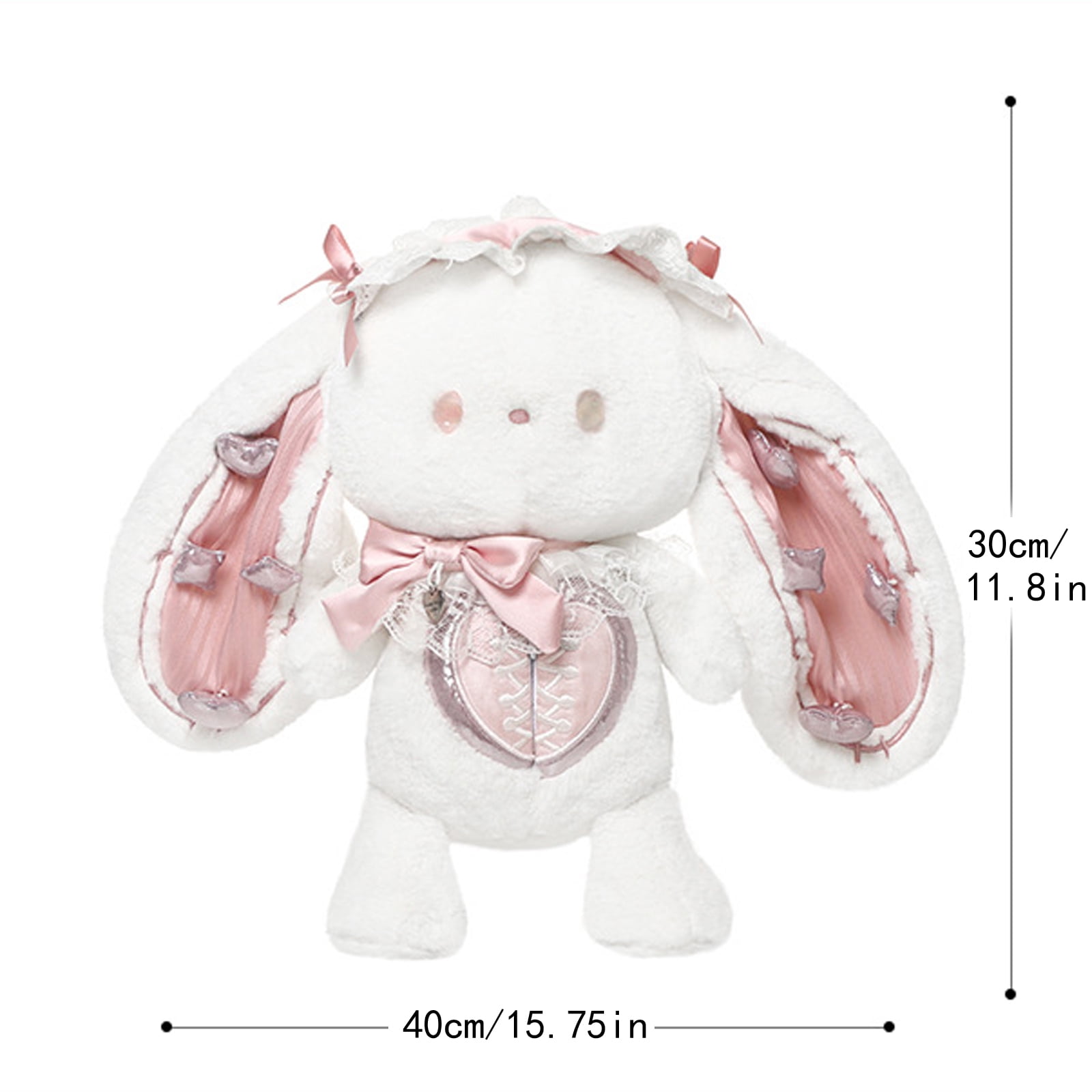 Stuffed Bunny Plush, Stuffed Bunny Rabbit, 12inPink, Heart Plush, Plush Doll, Bunny Ears, Bunny Toy, Black Lace, Lace Fabric, Silver Decor, Bunny Stuffed Animal, 1 Pc