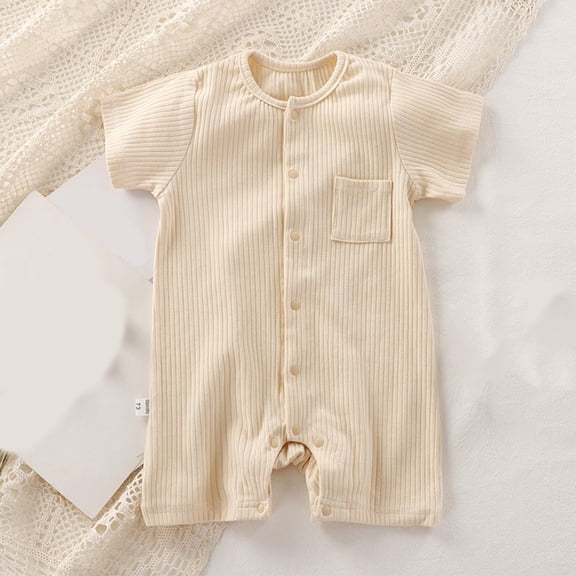 Riecok Baby Infant Toddler Cotton Short Sleeve Romper Onesie Solid Color Round Neck Breathable Summer Jumpsuit Clothes 3M-2Y Beige 1 T