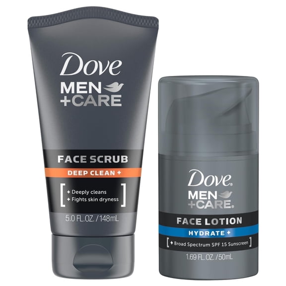 Dove Men Care Bundle – Men’s Face Lotion, Hydrate SPF 15 & Face Scrub, Deep Clean Moisturizer (2 Piece Set)