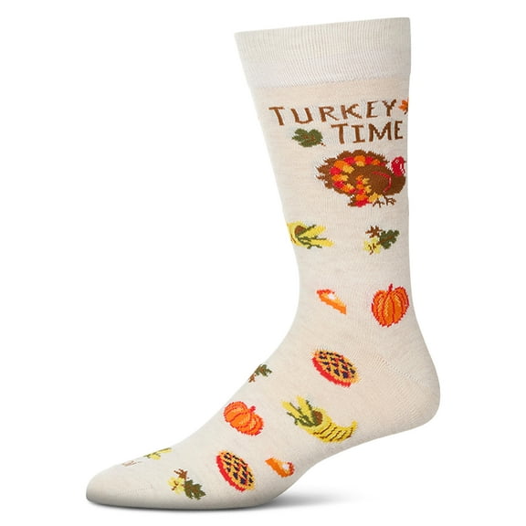 MeMoi Men's "Turkey Time" Thanksgiving Holiday Novelty Crew Sock - Mens - Male, 10-13, Ivory Heather