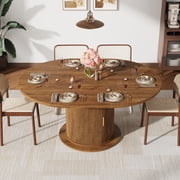 ChVans 47-63 Extendable Round Dining Table with Storage, Modern Farmhouse Kitchen Table for 4-8, Round Table with Wood Strip Base, Circle Dining Table, Walnut