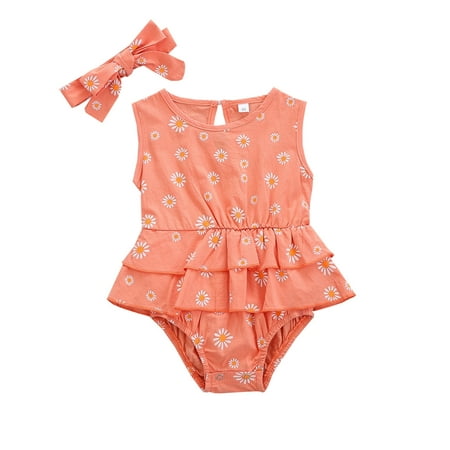 

Toddler Baby Girls Climbing Clothes Summer Daisy Print Orange Ruffle Sleeveless Onesie Crawling Clothes For 18-24 Months