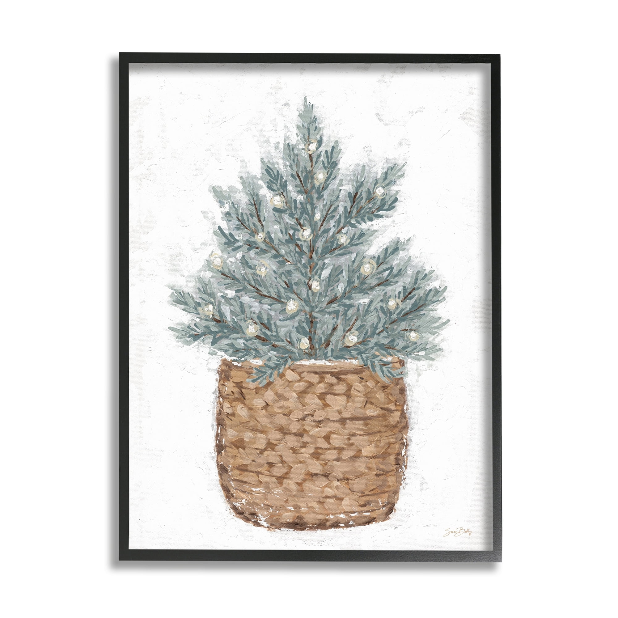 Peaceful Holiday Fir Tree Woven Planter Basket Botanical & Floral Painting Framed Art Print Wall Art