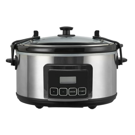 Emerald 6.3-Quart Slow Cooker Countertop Electric Cooking Pot with Locking Lid, Silver