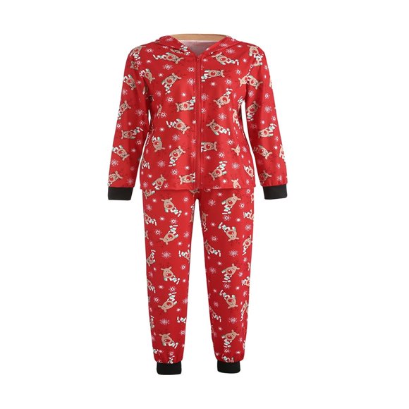 Family Matching Christmas Parent-child Elk Snowflake Printing Long Sleeve Zipper Hooded Tops + Pants Sleepwear Outfit for Mother/Father/Kid