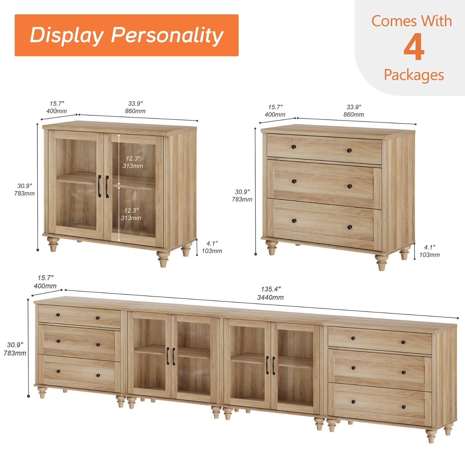 Oak Kitchen Sideboard Buffet Cabinet with Storage, 4-in-1 Glass Cabinet & Dresser Set for Dining Room, TV Console Table Entertainment Center for Living Room