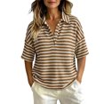 thumbnail image 2 of Short Sleeve Waffle Knit Shirt for Women Striped Polo Collar Top Loose Fit Button Neck Casual Preppy Vacation Summer, 2 of 6