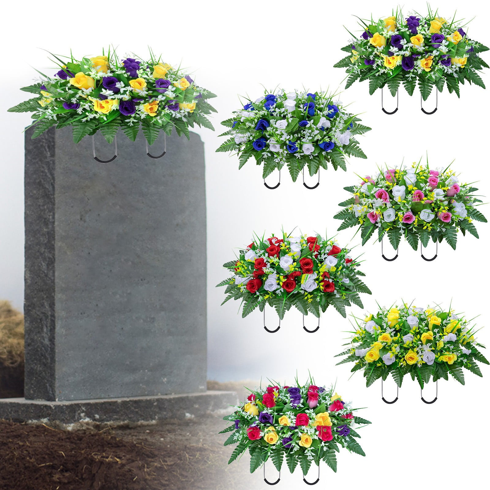 VINOIC Simulated Tombstone Flower Arrangement - Non-Fading Artificial Cemetery Flowers Saddle - Waterproof Memorial Decor for Gravesites - UV-Resistant Polyester Florals, D