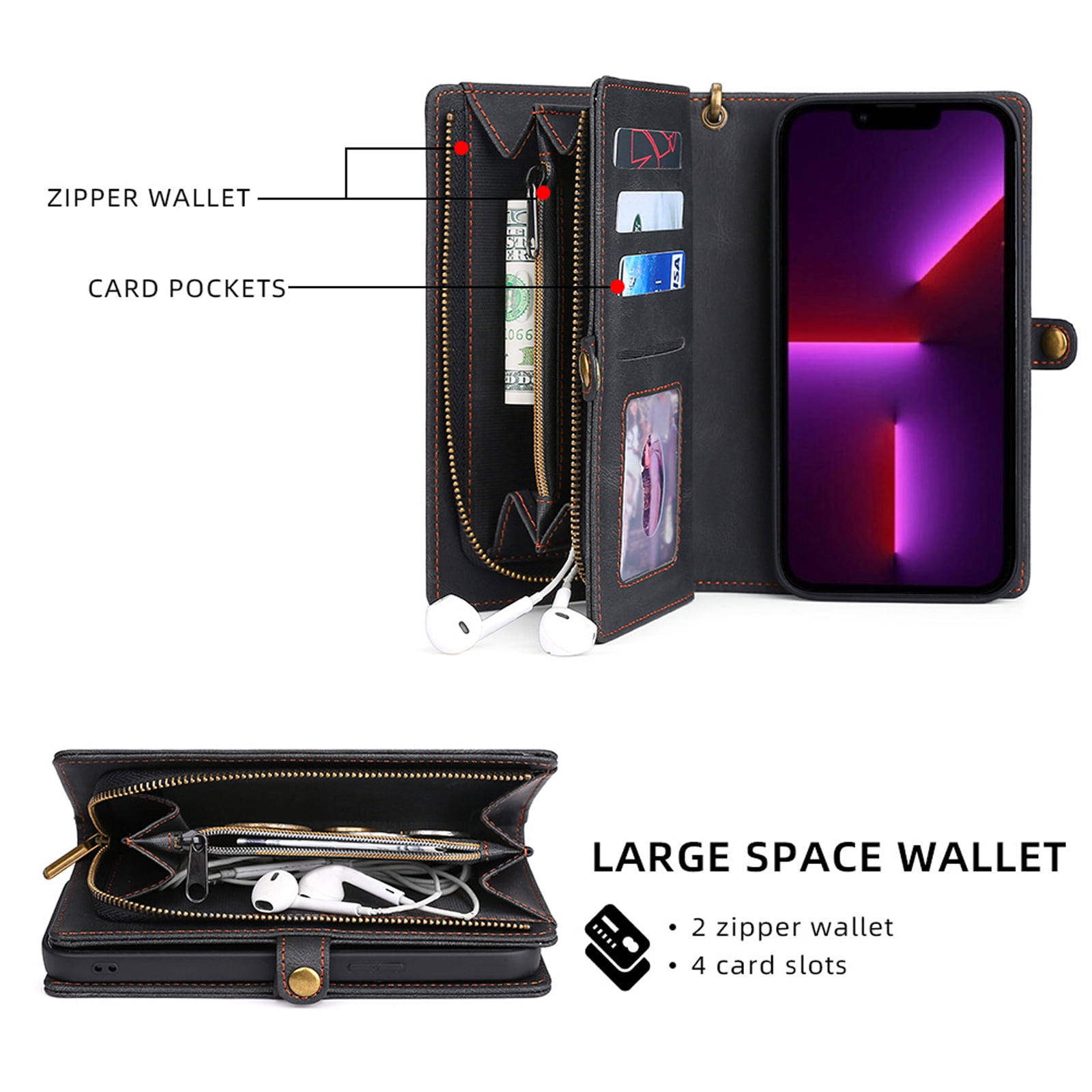 Defencase for iPhone 15 Case for Women Men, Removable Durable PU Leather Magnetic Flip Strap Wristlet Zipper Purse Card Holder Detachable Wallet Phone Cases for iPhone 15, Black