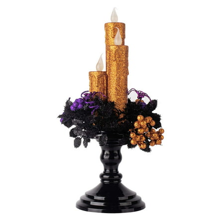 KI Store Halloween Candelabra with LED Flameless Candles Holder Glittered with Flickering Lights Battery Operated for Halloween Centerpiece Mental Window (Orange