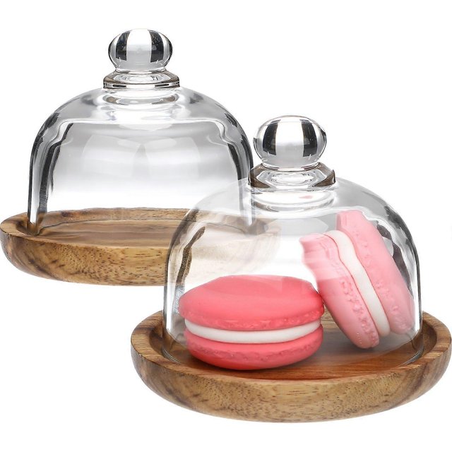 2 Sets of Cake Stands with Dome Covers Wooden Dessert Cupcake Trays with Glass Covers Cake Plates Server Platters with Dome Lids