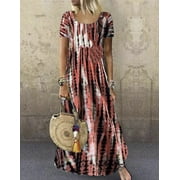 Women's Summer Dress Beach Sundress Loose Dress Maxi Dress Bohemian Tie Dye Short Sleeve Crewneck Dress