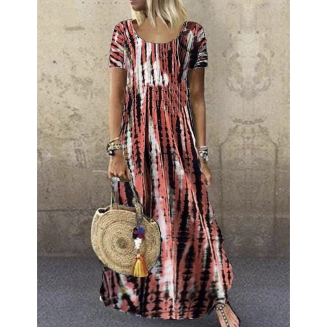 Robe d'Été pour Femme Robe de Plage Robe Ample Robe Maxi Robe Bohème Teinture sur Nœuds à Manches Courtes Robe à Col Ras du Cou