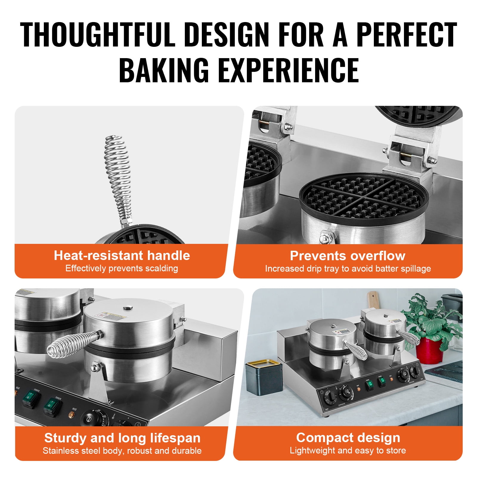 KFFKFF Double Head Commercial Waffle Maker, Round Belgian Waffle Cooking Device, 2460W, Non-Stick, with Temperature and Timer Settings, Ideal for Cafes, Bakeries, Snack Shops, and Home Use