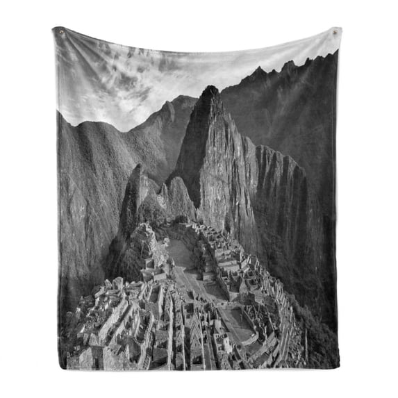 Black and White Soft Flannel Fleece Blanket, Aerial View of Peru Village Architectural Landmark Buildings Day Time, Cozy Plush for Indoor and Outdoor Use, 70" x 90", Black and White, by Ambesonne