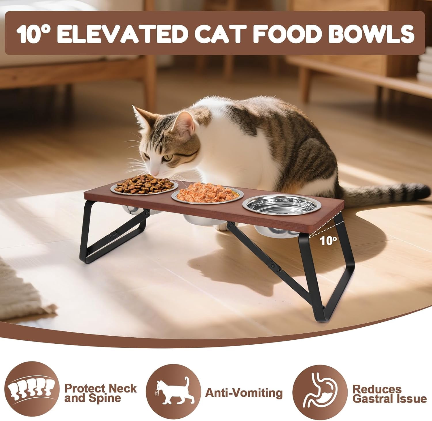 Flantor Elevated Cat Feeding Bowl Set with 10° Tilt, 3 Stainless Steel Bowls, Wood Frame and Foldable Metal Stand