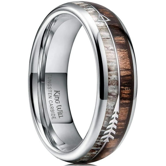 King Will 6mm Silver Tungsten Wedding Ring with Real Antler Zebra Wood Two Arrows Inlay Dome Hunting Ring Wedding Band Engagement Ring Size 8