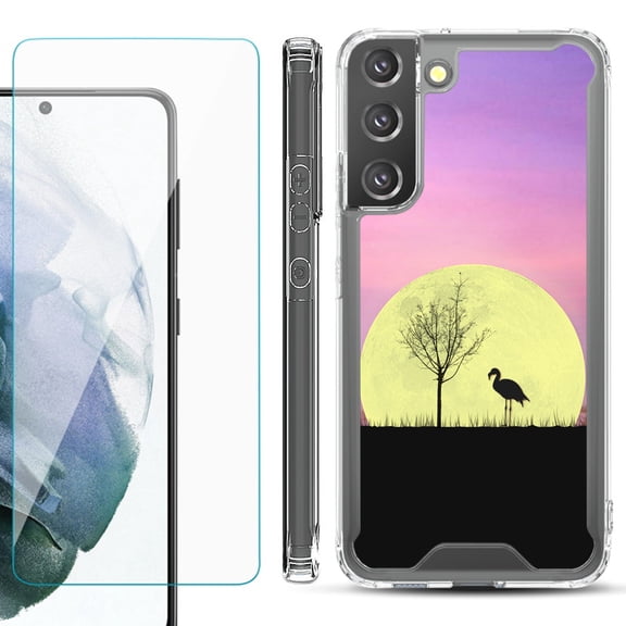 Shockproof Bumper Phone Case for Samsung Galaxy S22 5G, with Tempered Glass Screen Protector, by OneToughShield ® - Moonlight Flamingo