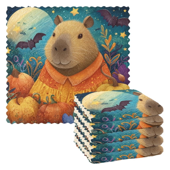 6PCS Dish Towels and Dish Cloths Reuseable Dishcloths Sets for Washing Dishes, Cooking, Baking Size 11" x 11" Capybara and Pumpkins