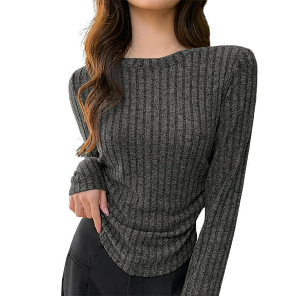 SGMVNU Sweaters for Womens Slim Fit Crewneck Long Sleeve Shirts Fall Fashion Base Layer Pullover Ribbed Thermal Underwear Tops(Dark Gray, L)